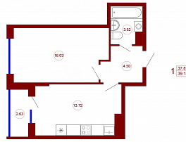 1-комнатная квартира, 39.18 м2