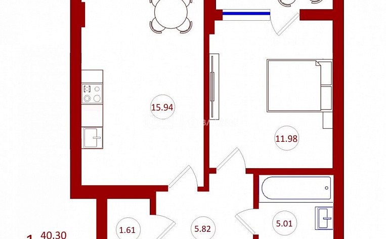 1-комнатная квартира, 42 м2, эт. 2, id: 753151, фото 4