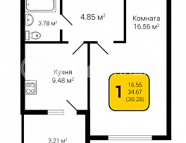 1-комнатная квартира, 36.28 м2