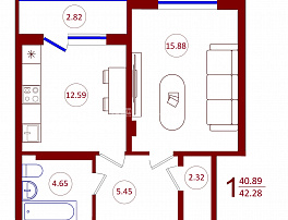 1-комнатная квартира, 42.28 м2