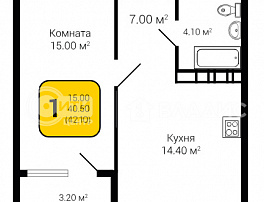 1-комнатная квартира, 42.1 м2