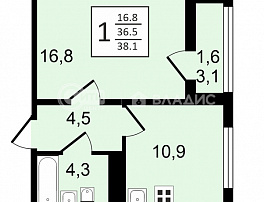 1-комнатная квартира, 38.3 м2