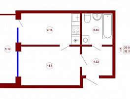 1-комнатная квартира, 32.37 м2