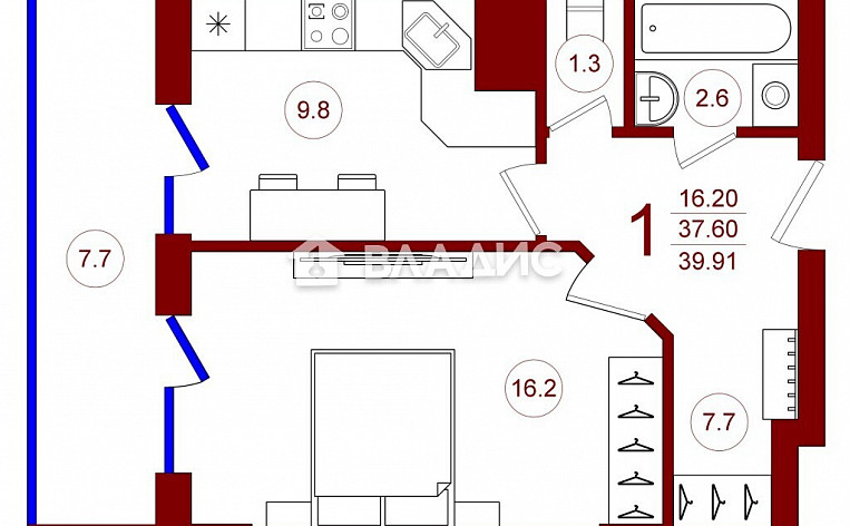 1-Комнатная квартира 40.00м², эт. 8, фото 11