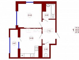 1-комнатная квартира, 47.09 м2