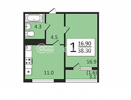 1-комнатная квартира, 38.3 м2