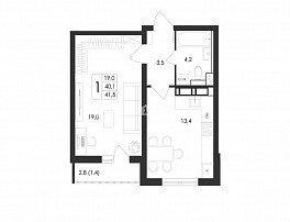 1-комнатная квартира, 41.5 м2