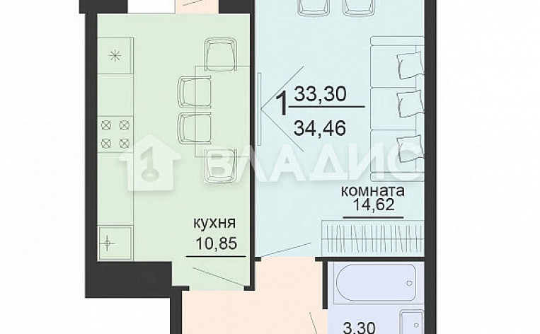 1-Комнатная квартира 34.46м², эт. 20, фото 13