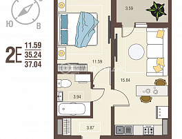 1-комнатная квартира, 37.04 м2