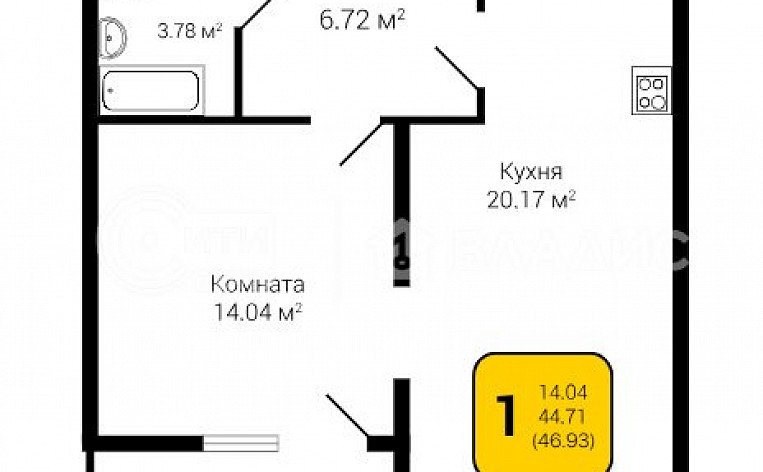 1-комнатная квартира, 46.96 м2, эт. 5, id: 1105416, фото 3