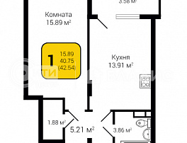 1-комнатная квартира, 42.54 м2