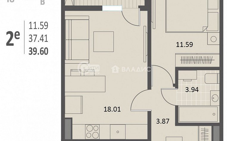 1-комнатная квартира, 39.6 м2, эт. 6, id: 1070316, фото 18