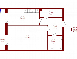1-комнатная квартира, 67.1 м2
