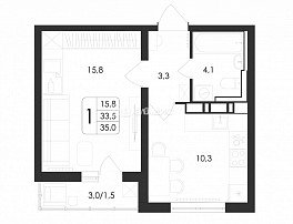 1-комнатная квартира, 33.5 м2