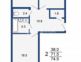 2-комнатная квартира, 74.5 м2