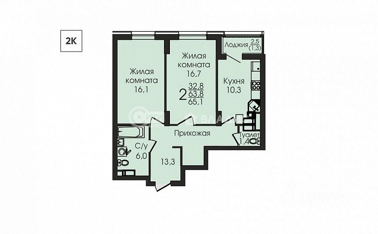 2-комнатная квартира, 65.6 м2, эт. 4, id: 833360, фото 8