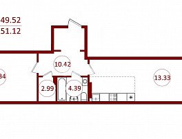 1-комнатная квартира, 51.12 м2