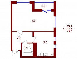 1-комнатная квартира, 48.7 м2