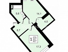 1-комнатная квартира, 45.7 м2