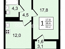 1-комнатная квартира, 40.4 м2