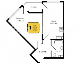1-комнатная квартира, 37.63 м2