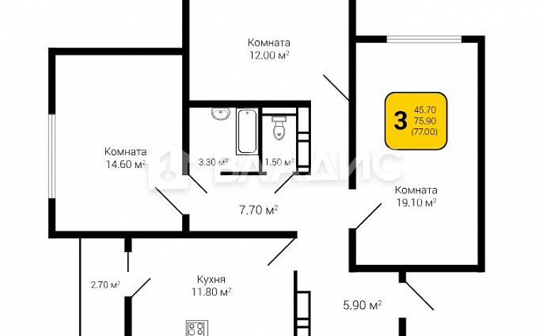 3-Комнатная квартира 77.00м², эт. 12, фото 18