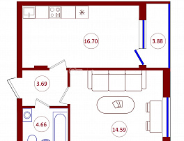 1-комнатная квартира, 41.59 м2