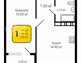 1-комнатная квартира, 42.1 м2