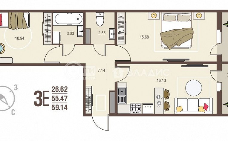 2-комнатная квартира, 59.14 м2, эт. 10, id: 876847, фото 15