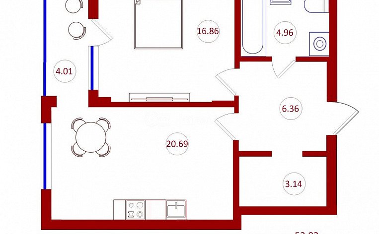 1-комнатная квартира, 54.03 м2, эт. 3, id: 753147, фото 4