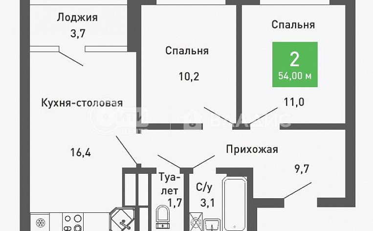 2-комнатная квартира, 54 м2, эт. 5, id: 1072222, фото 8