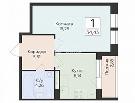 1-комнатная квартира, 34.43 м2