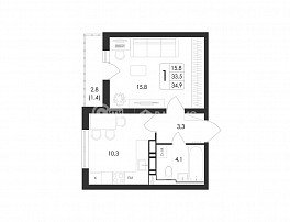 1-комнатная квартира, 34.9 м2