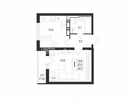1-комнатная квартира, 34.9 м2