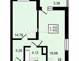 1-Комнатная квартира 44.38м²