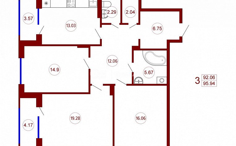 3-комнатная квартира, 95.94 м2, эт. 3, id: 728369, фото 18