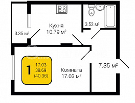1-комнатная квартира, 40.36 м2