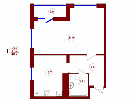 1-комнатная квартира, 48.7 м2