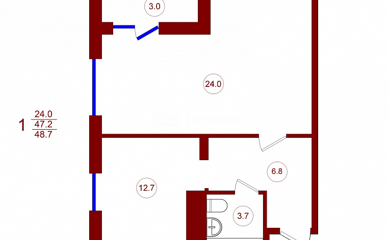 1-комнатная квартира, 48.7 м2, эт. 1, id: 702674, фото 14