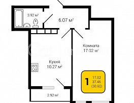 1-комнатная квартира, 38.92 м2