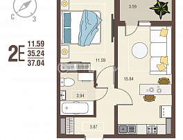 1-комнатная квартира, 37.04 м2