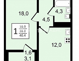 1-комнатная квартира, 40.4 м2