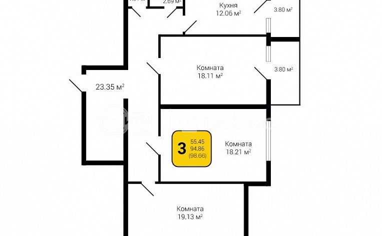 3-комнатная квартира, 98.66 м2, эт. 14, id: 756616, фото 5