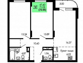 2-комнатная квартира, 72.55 м2