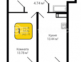 1-комнатная квартира, 42.77 м2