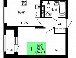 1-комнатная квартира, 36.61 м2