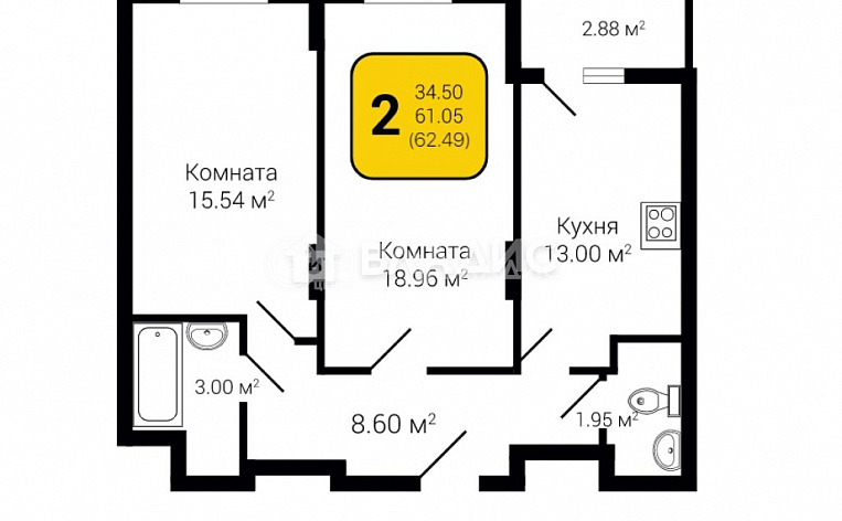 2-комнатная квартира, 62.49 м2, эт. 24, id: 758495, фото 5