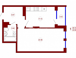 1-комнатная квартира, 43.84 м2