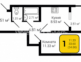 1-комнатная квартира, 34.86 м2