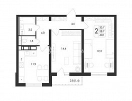 2-комнатная квартира, 60.1 м2